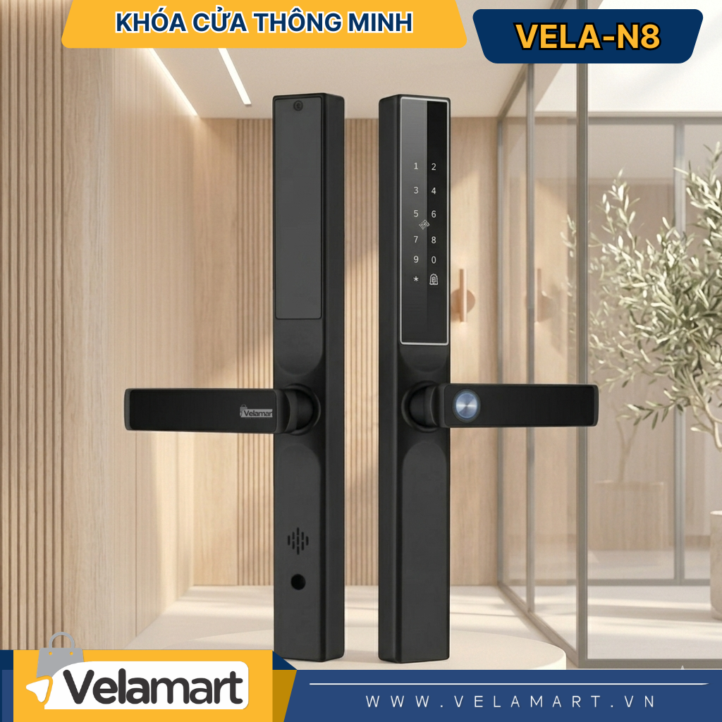 Khóa Cửa Thông Minh VELA-N8 Velamart – Ổ Khóa Vân Tay Thông Minh, Khóa Từ Cửa Sắt, Khóa Cửa Lùa Hiện Đại